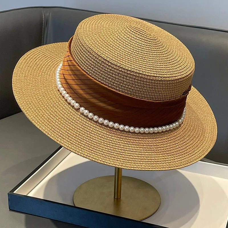 2024 Stylish Wide Brim Straw Sun Hat for Women with Pearl Chain - UV Protection Beach Cap.