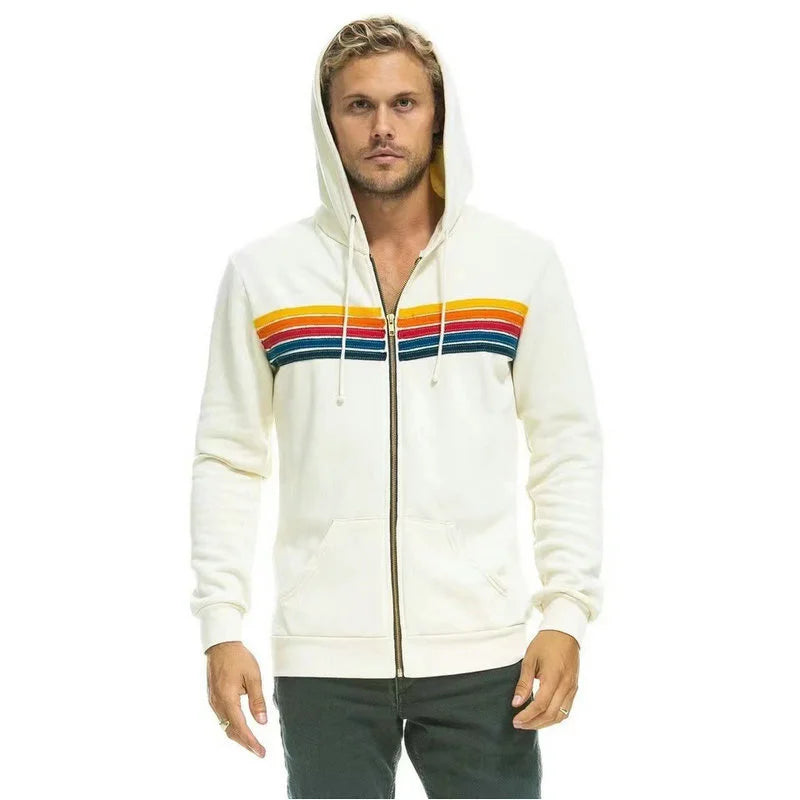 2025 Women Men Zipper Rainbow Long Sleeve Hooded Sweatershirt Harajuku Elastic Hip Hop 5 Stripe Hoodies Jacket.