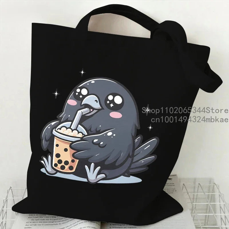 Cute Mouse Bobo Tea Pattern Canvas Shoulder Bag Women Animal Milk Tea Graphic Tote Bags Panda Frog Cartoon Women Shopping Purse.