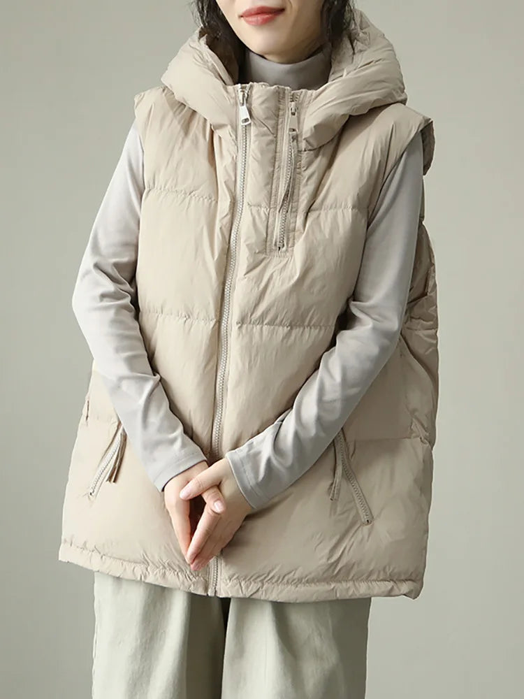 Schinteon Women White Duck Down Vest with Hood Autumn Winter Warm Over Size Casual Sleeveless Jacket Top Fashionable Gilet 2024.