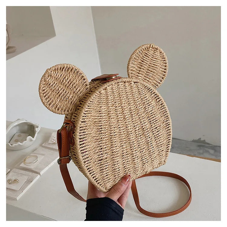 Disney 2023New Ladies Designer Straw Fancy Bag Cute Handbag Rattan Travel Leisure Vacation Small Round Beach Mickey Shoulder Bag - Elevate Your Body