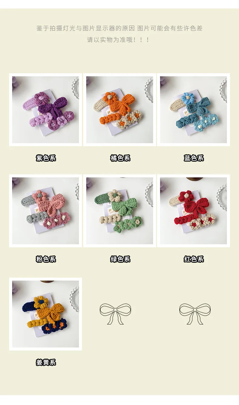 Handcrafted Woolen Knitted Bow Hairpins for Girls - Cute Floral BB Clip Barrettes for Autumn and Winter Hair Accessories.