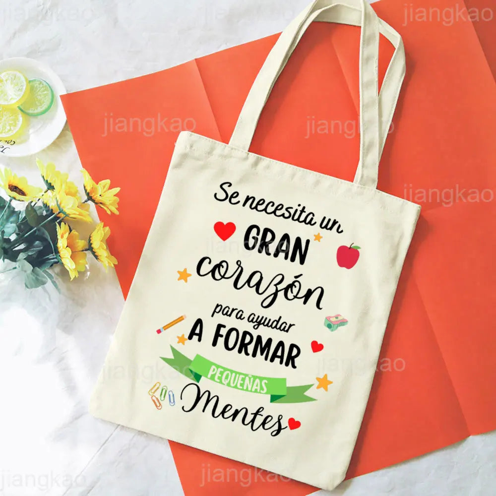 It's Takes A Big Heart To Shape Little Minds Spanish Print Shoulder Bag Female Shopping Tote Travel Handbag Bookbag Teacher Gift.