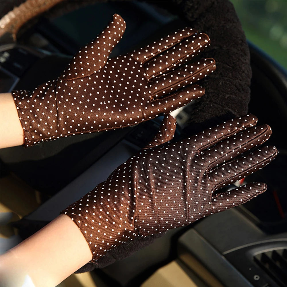 Fashionable Women's Spandex Driving Gloves for Summer Sunscreen Protection with Dots Design.