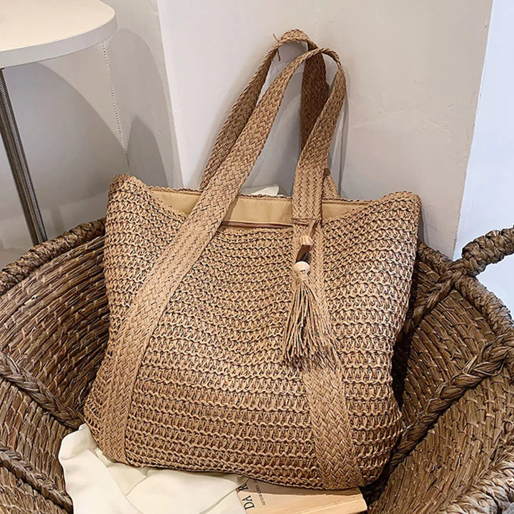 Women Shoulder Bag Summer Hand-Woven Handbags Fashion Handmade Simple Large Capacity with Tassel Pendant Shopping Handbag Tote.