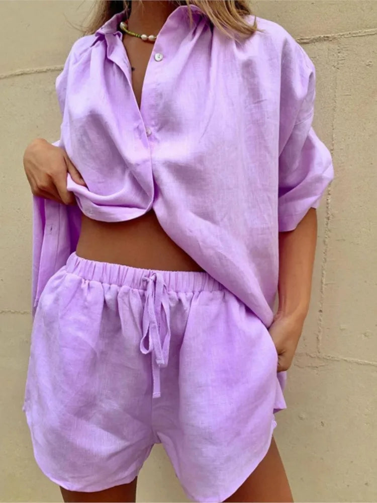 Casual Cotton Linen Solid Color Sets Women Short Sleeve Loose Shirt Wide Leg Shorts Two Piece Set Woman Suits 2024 Summer.