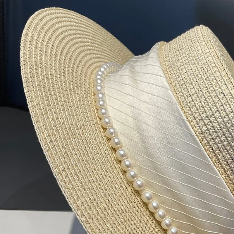 2024 Stylish Wide Brim Straw Sun Hat for Women with Pearl Chain - UV Protection Beach Cap.