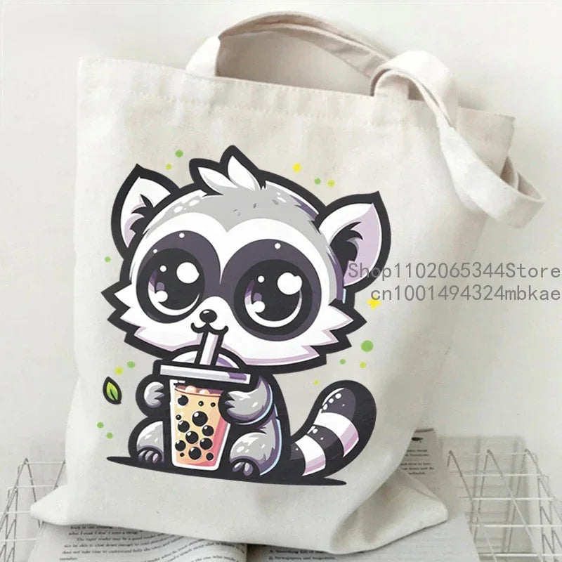 Cute Mouse Bobo Tea Pattern Canvas Shoulder Bag Women Animal Milk Tea Graphic Tote Bags Panda Frog Cartoon Women Shopping Purse.