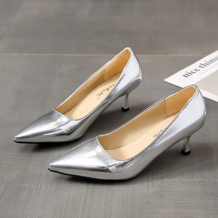 2024 Fashion Women Patent Leather High Heels Lady Pointe Toe Gold Silver Heels Pumps Female Wedding Bridal Shoes Plus Size 35-45.