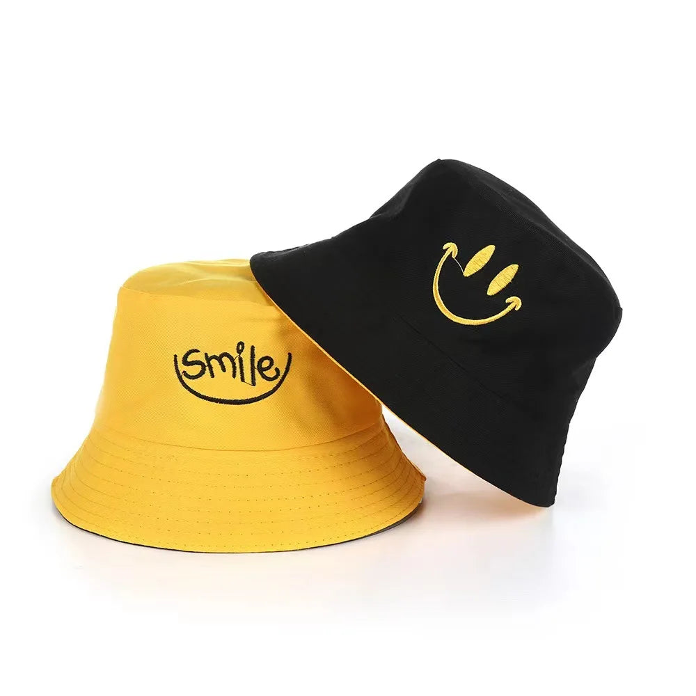 Unisex Smile Embroidered Bucket Hat - Double-Sided Cotton Corduroy Bob Cap for Beach, Fishing, and Casual Outings