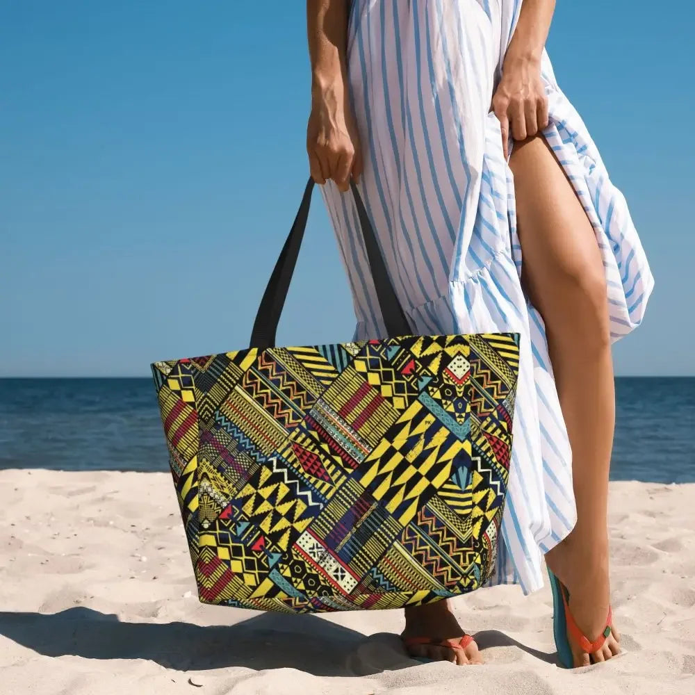 Custom African Kente Cloth Design Tote Bag for Women Large Capacity Traditional Africa Ethnic Ankara Beach Gym Travel Bags