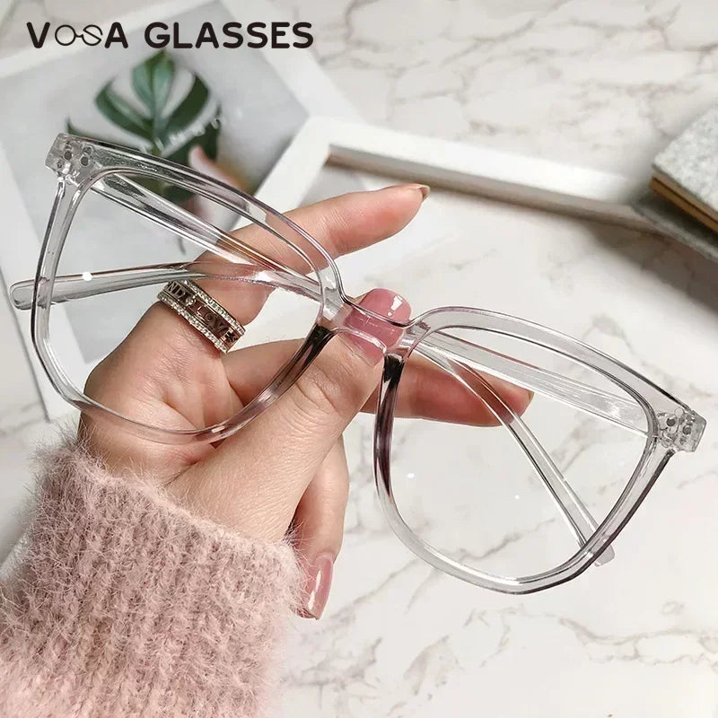 Stylish Oversized Transparent Square Myopia Glasses for Men and Women with Anti-Blue Light Lenses (-600 to 0).