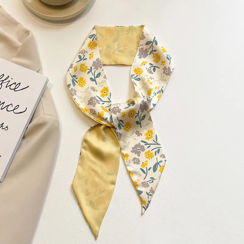 Elegant Yellow and White Silk Scarf for Women - Versatile Hair Tie and Bag Accessory for Spring and Summer.