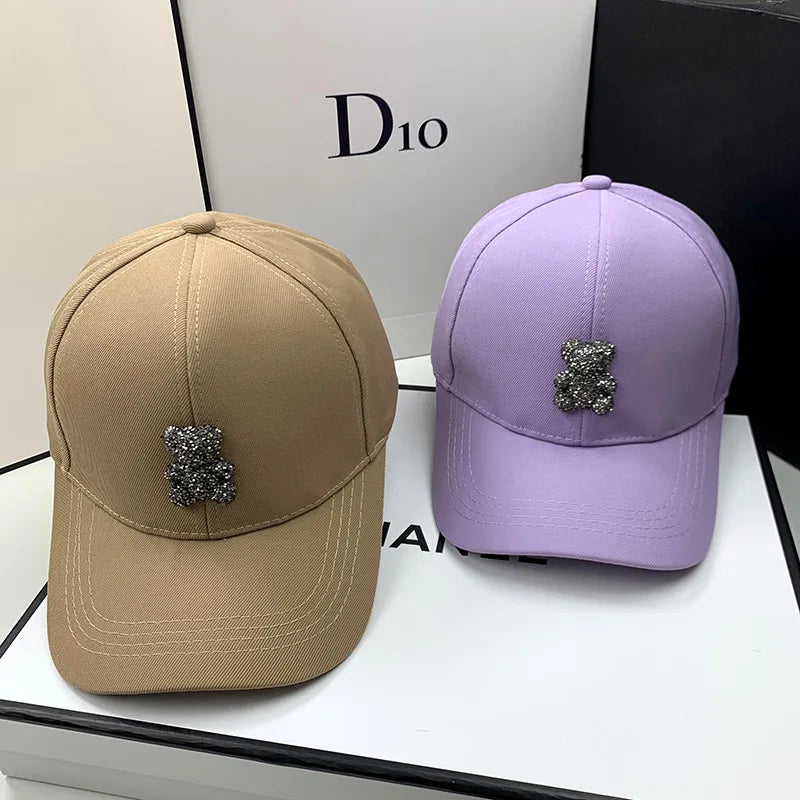 Korean Style Summer Rhinestone Baseball Cap for Women - Wild Bear Design Sun Hat for Casual Outdoor Hip Hop Fashion.