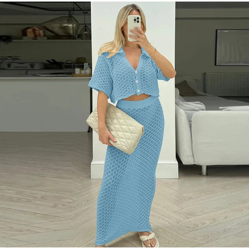 Elegant Knitted Long Skirt Women's Sets Hollow Out Lapel Short Sleeve Cropped Top  Maxi Skirts 2024 Summer Crochet Female Suit - Elevate Your Body