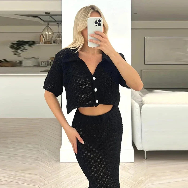 Elegant Knitted Long Skirt Women's Sets Hollow Out Lapel Short Sleeve Cropped Top  Maxi Skirts 2024 Summer Crochet Female Suit - Elevate Your Body