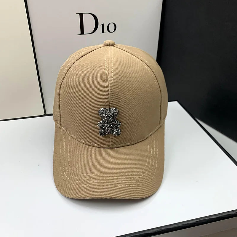 Korean Style Summer Rhinestone Baseball Cap for Women - Wild Bear Design Sun Hat for Casual Outdoor Hip Hop Fashion.