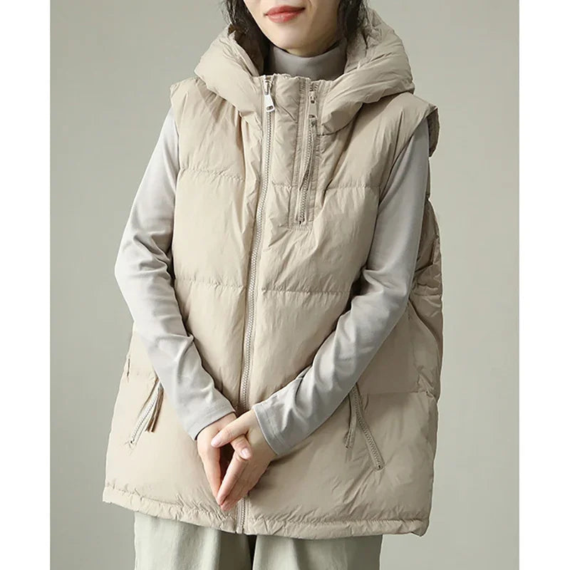 Schinteon Women White Duck Down Vest with Hood Autumn Winter Warm Over Size Casual Sleeveless Jacket Top Fashionable Gilet 2024.