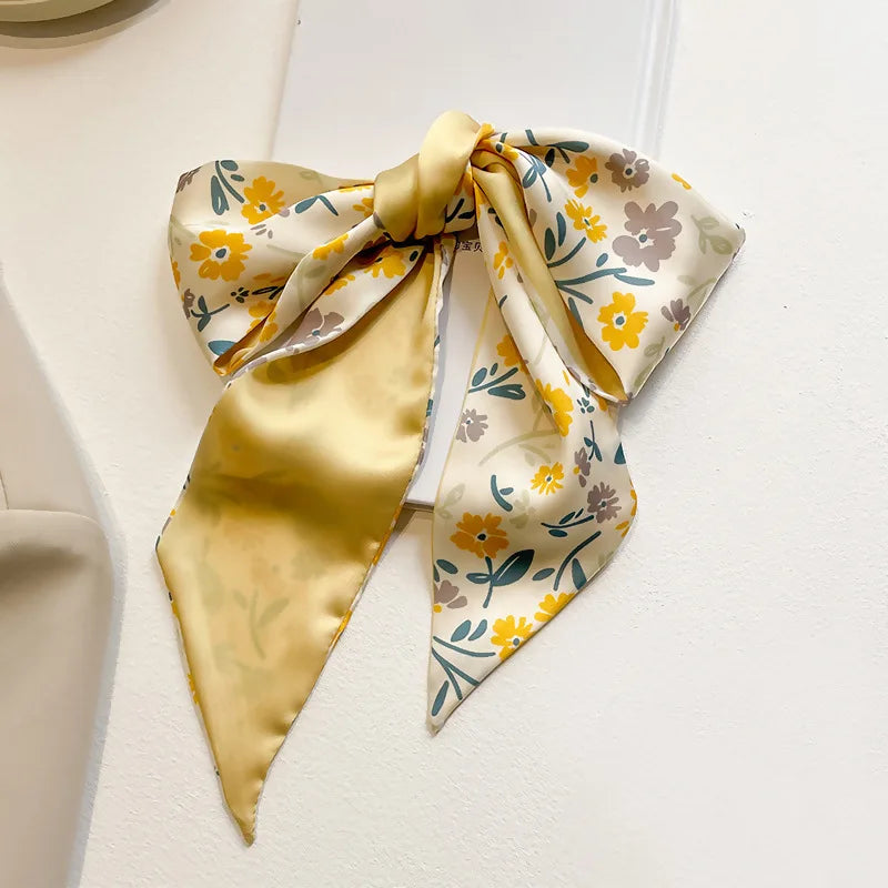 Elegant Yellow and White Silk Scarf for Women - Versatile Hair Tie and Bag Accessory for Spring and Summer.