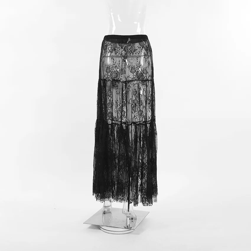 Sexy Lace Dark Perspective High Waist Skirt European Summer Fashion Mesh Long Skirt Fashion Streetwear Loose Oversize Skirt.