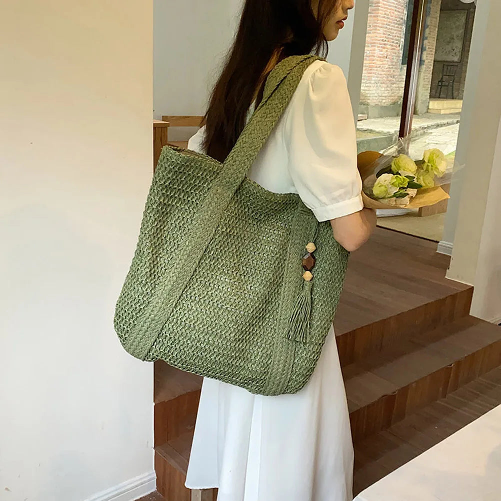 Summer Straw Women Bag Hand-Woven Handbags Handmade Raffia Beach Boho Shoulder Bag Large Tote Bag Tassel Shopping Purses 2024