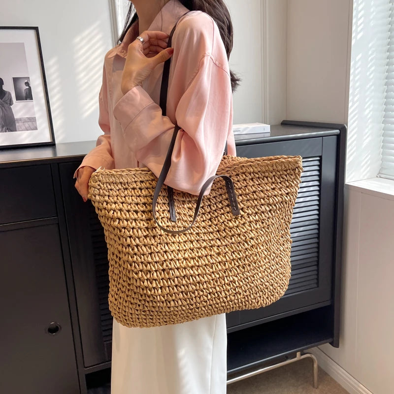 MOODS Luxury Design Straw Woven Tote Bags For Women Large Capacity Shoulder Beach Bag Pure Color Summer New Big Shopping Handbag.