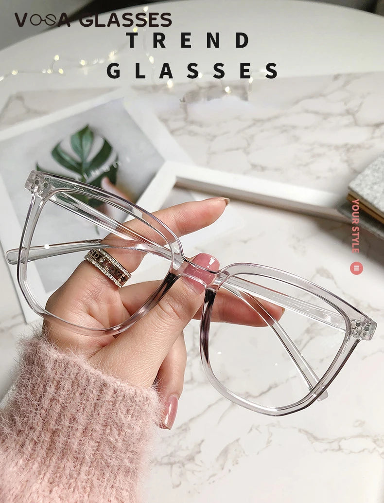 Stylish Oversized Transparent Square Myopia Glasses for Men and Women with Anti-Blue Light Lenses (-600 to 0).