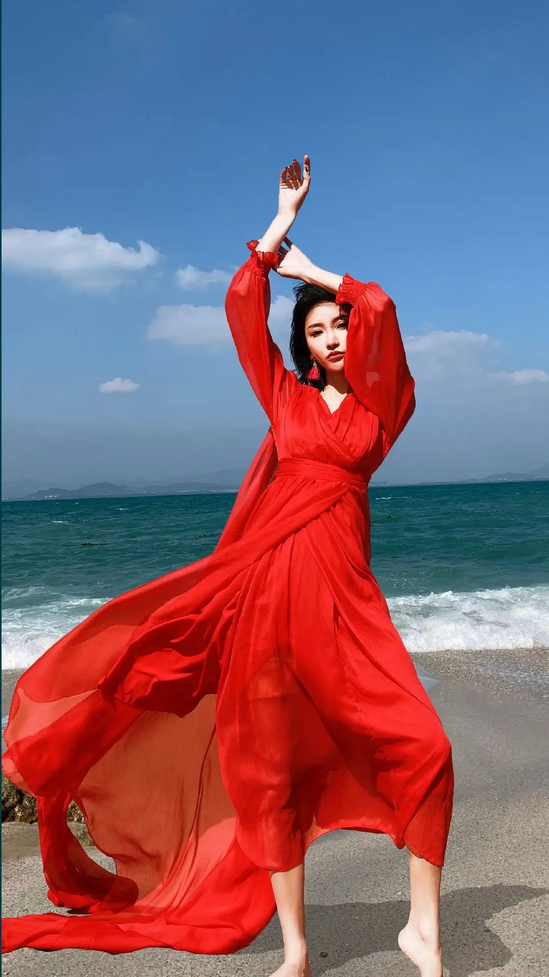 Khalee Yose Vintage Chic Boho Red Maxi Dress V-neck Long Sleeve Women Sexy Ladies Ruffles Holiday Beach Dresses Vestidos 23XXXL.