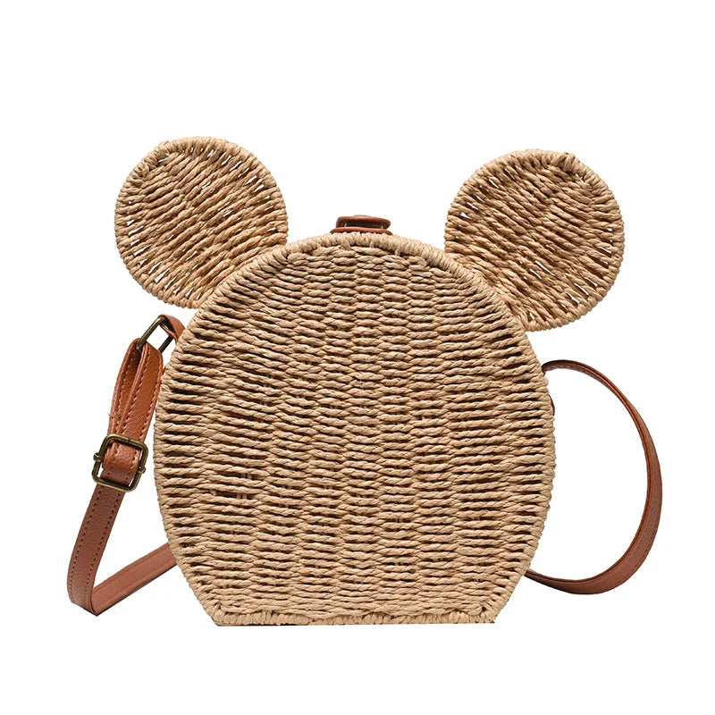 Disney 2023New Ladies Designer Straw Fancy Bag Cute Handbag Rattan Travel Leisure Vacation Small Round Beach Mickey Shoulder Bag.