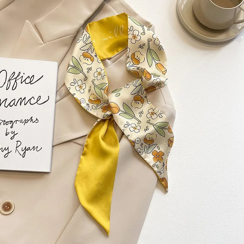 Elegant Yellow and White Silk Scarf for Women - Versatile Hair Tie and Bag Accessory for Spring and Summer.