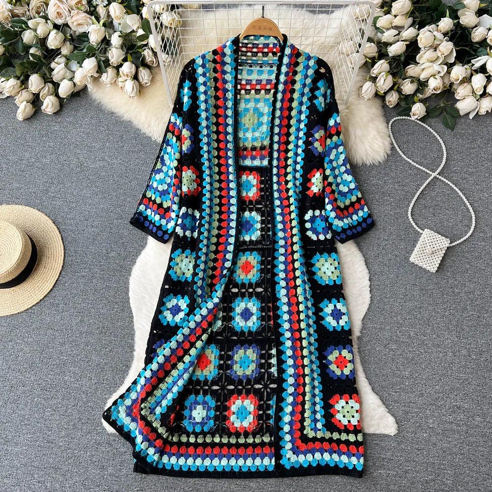 SINGREINY Summer Holiday Beach Long Cardigans Spring Fashion Vintage Floral Knit Cardigan Streetwear Loose Hollow Out Overcoat.