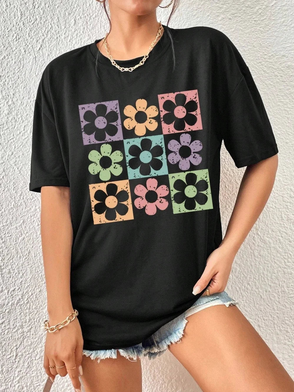 Nine Chrysanthemums Of Different Colors Women Tshirt Street Hip Hop Short Sleeve Oversized Tee Shirt Casual Cotton Clothes.