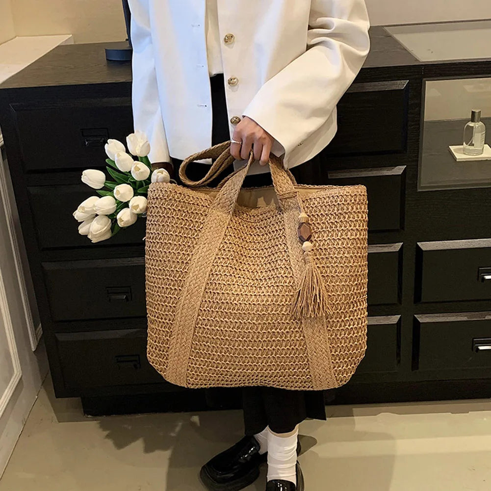 Summer Straw Women Bag Hand-Woven Handbags Handmade Raffia Beach Boho Shoulder Bag Large Tote Bag Tassel Shopping Purses 2024