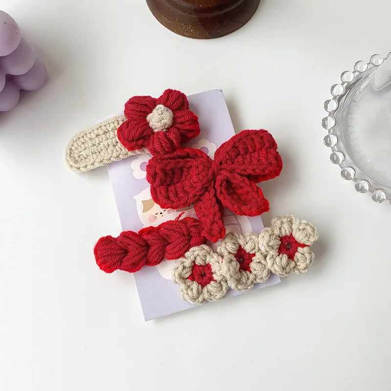 Handcrafted Woolen Knitted Bow Hairpins for Girls - Cute Floral BB Clip Barrettes for Autumn and Winter Hair Accessories.