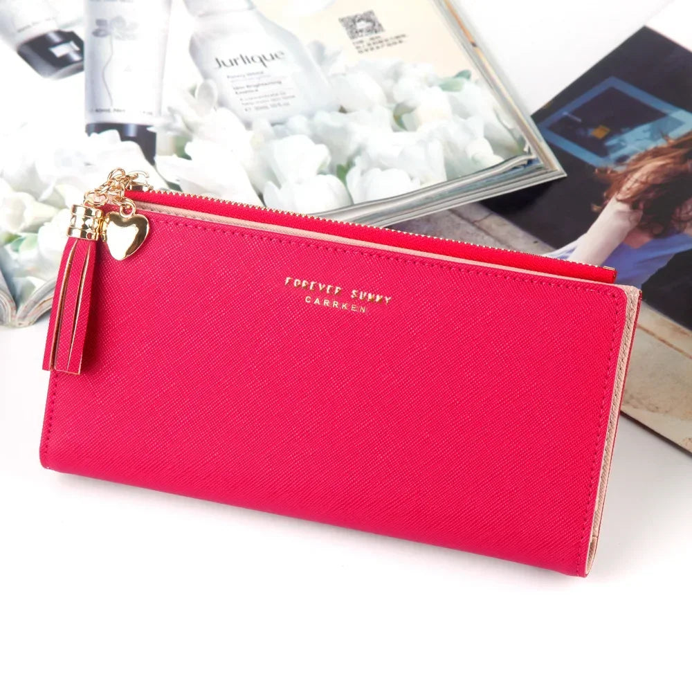 Women's Long Wallet,Multi Card slots Handheld Clutches,Tassel Zipper Clutch Purse,Slim Large Capacity Leather Mobile Phone Bag.