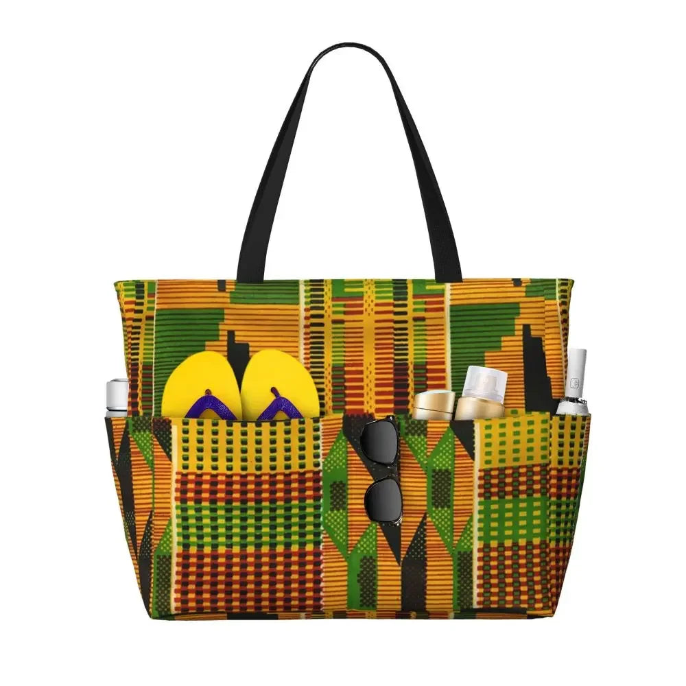 Custom African Kente Cloth Design Tote Bag for Women Large Capacity Traditional Africa Ethnic Ankara Beach Gym Travel Bags