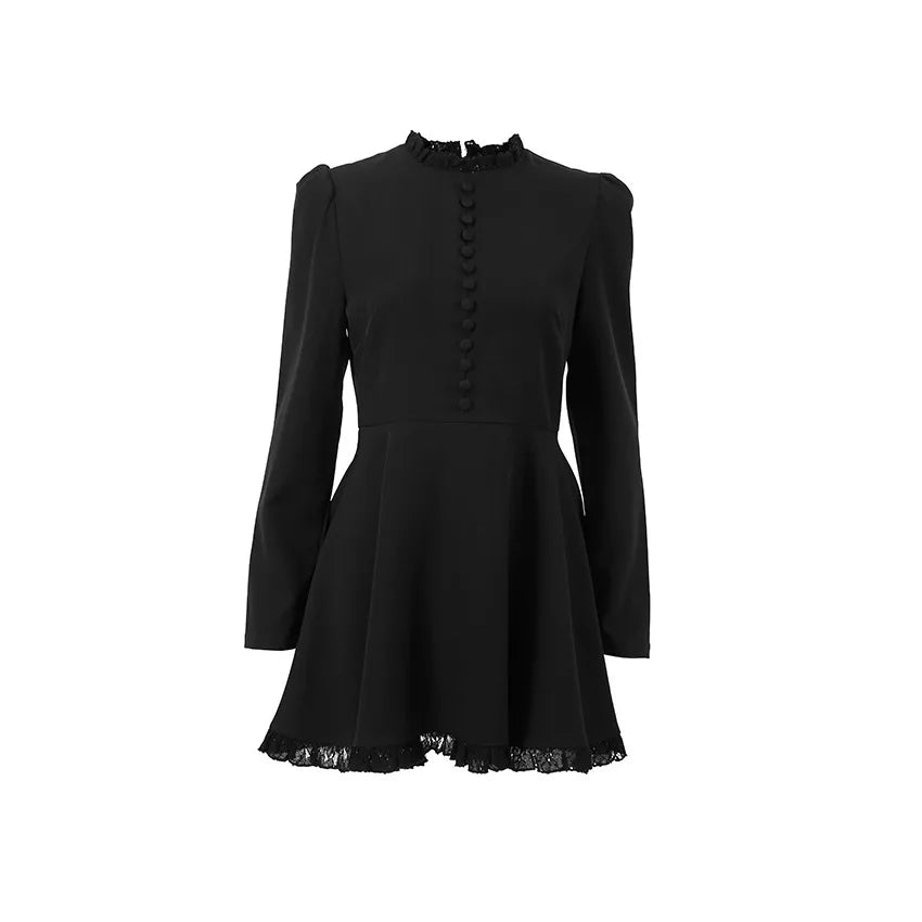 Autumn And Winter New Black Round Neck Lace Hem Design A-line Skirt 2024 Slim Fit Commuting Dress Cross-Border Women's Clothing.