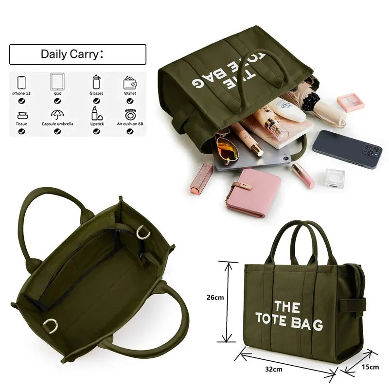 New Women's Canvas Tote Bag Silk Print Letter High Capacity Tote BAG Handheld One Shoulder Crossbody Bag