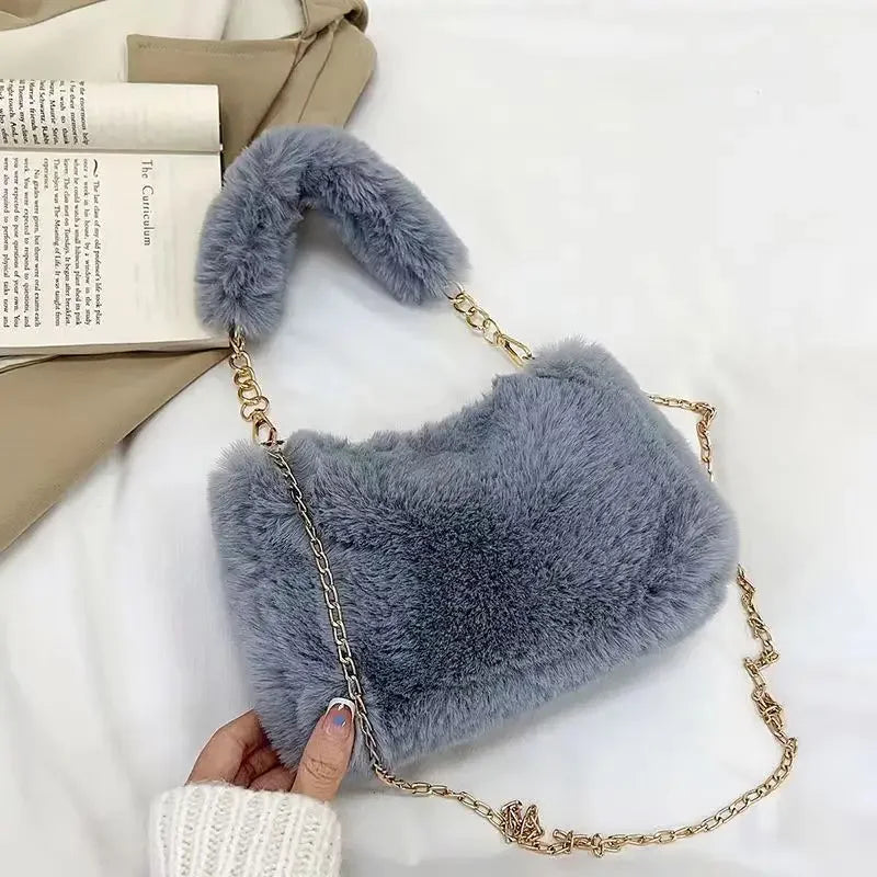 Plush Handbag Women'S New Eco-Friendly Fur Furry Mini Handbag Korean Fashion Plush Crossbody Bag Square Bag.