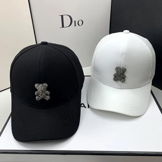 Korean Style Summer Rhinestone Baseball Cap for Women - Wild Bear Design Sun Hat for Casual Outdoor Hip Hop Fashion.