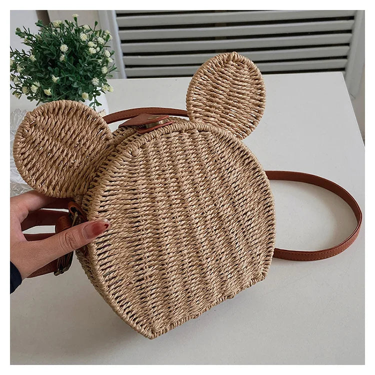 Disney 2023New Ladies Designer Straw Fancy Bag Cute Handbag Rattan Travel Leisure Vacation Small Round Beach Mickey Shoulder Bag - Elevate Your Body