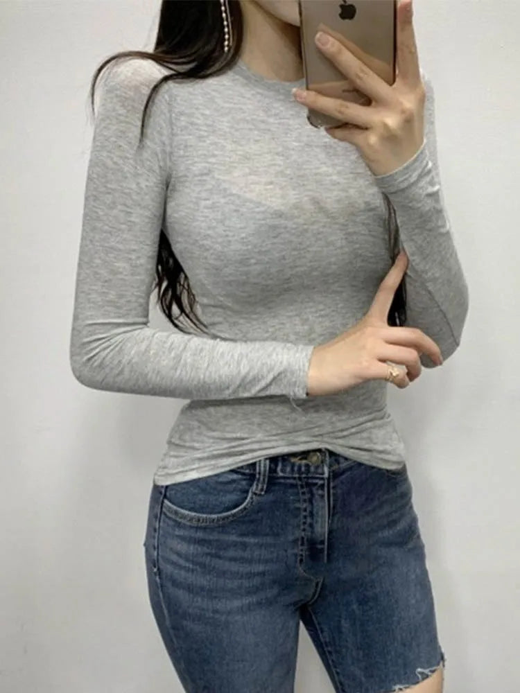 Thin T Shirt Women Cotton Long Sleeve Top T-Shirts Korean Style Slim Elastic Woman Clothes Tee Shirt Spring Camisetas De Mujer - Elevate Your Body