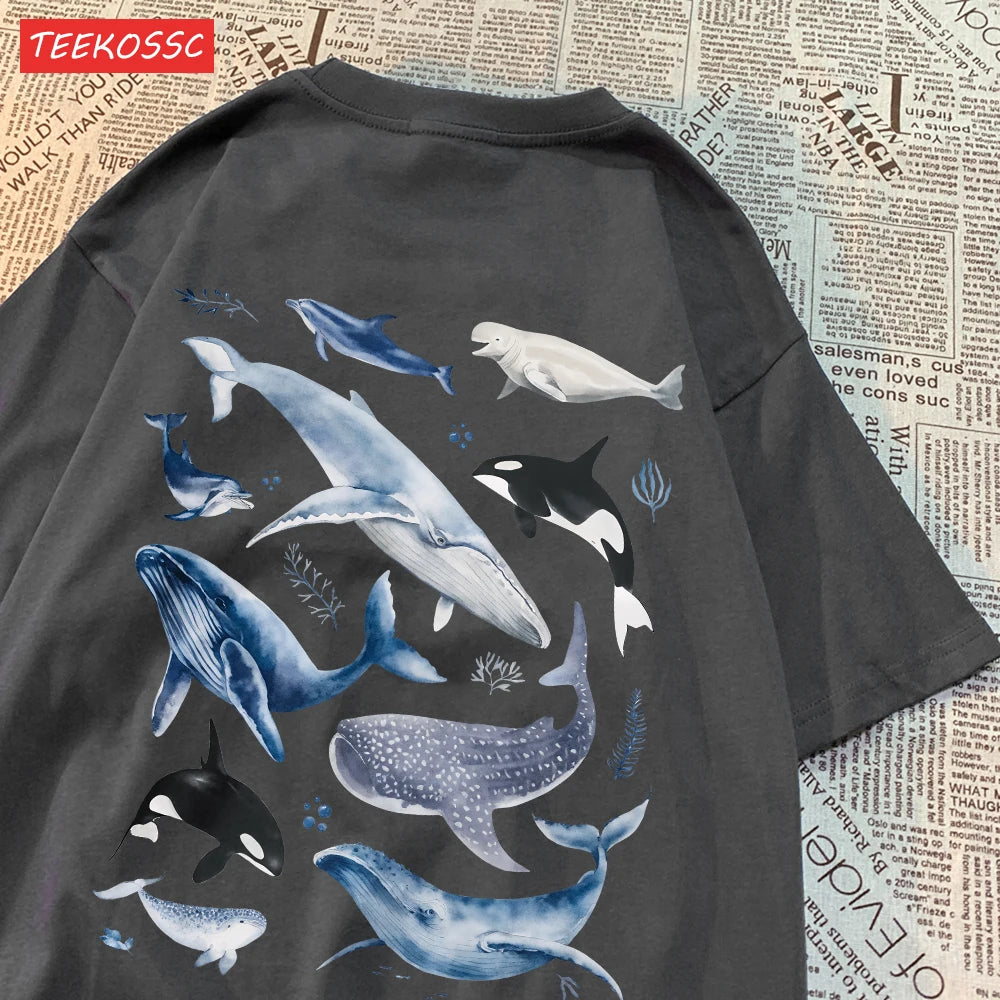 Fashion Cotton Women'S T-Shirts Ocean And Whales Printing Tops Oversize O-Neck Soft Short Sleeve Summer Casual Female Clothes.