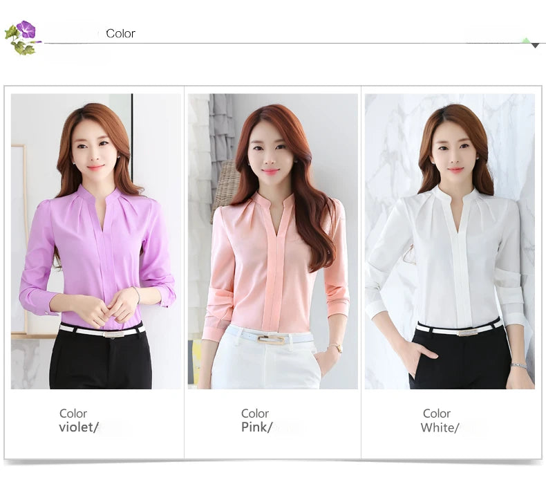 Chiffon Blouse Women Korean Fashion Women Clothing White Shirt  Long Sleeve Blouses V-neck Womens Tops Basic Shirts and Blouses.