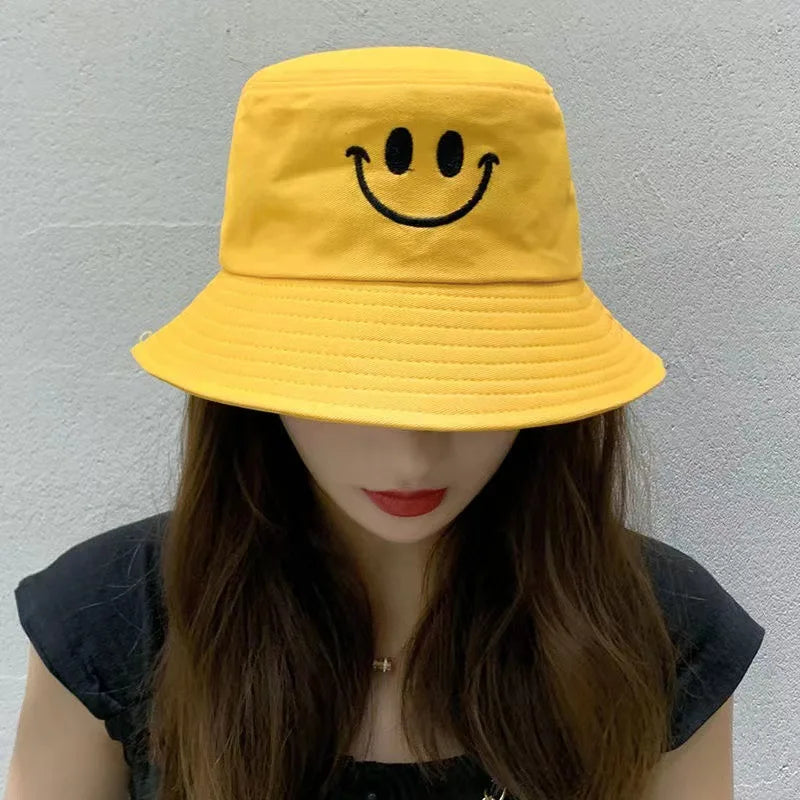 Unisex Smile Embroidered Bucket Hat - Double-Sided Cotton Corduroy Bob Cap for Beach, Fishing, and Casual Outings