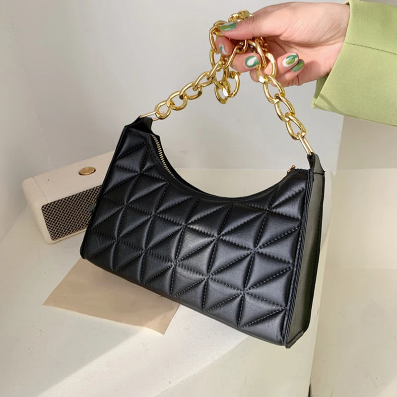 100% Polyurethane Solid Color Stitching Underarm Bag Chain One-shoulder WOMEN'S Bag.