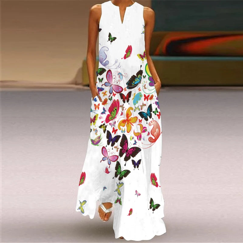 2024 New European and American Cross border Summer Long Dress Women's Sleeveless V-neck Printed Sexy.