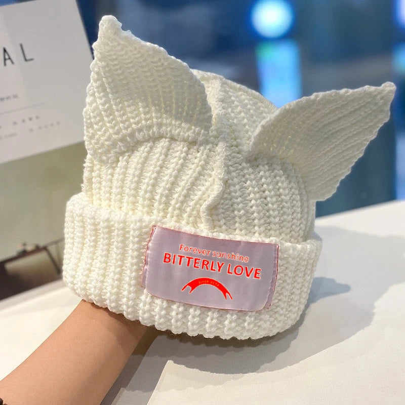 Adorable Cat Ear Knit Beanie for Women - Winter Warm Pig Ear Wool Cap - Kpop Style Hooded Hat.