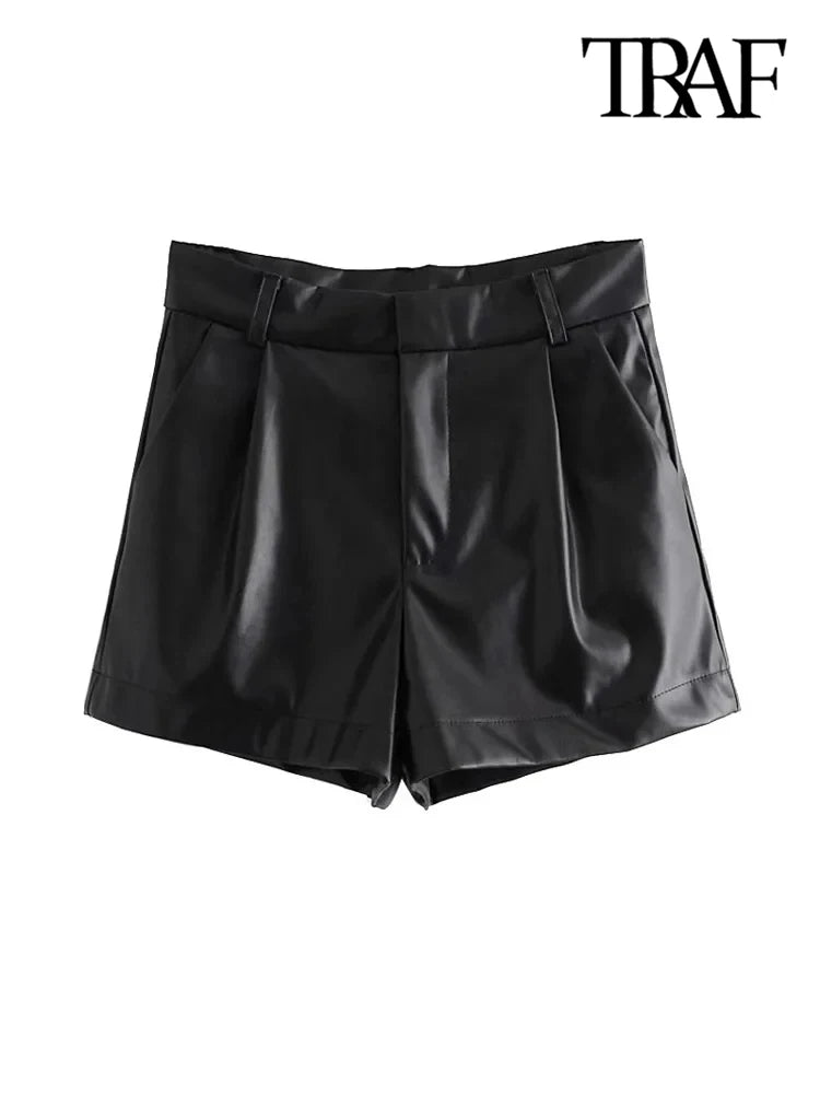 TRAF-Women's Faux Leather Shorts with Side Pockets, High Waist, Zipper Fly, Female Short Pants, Chic Fashion.