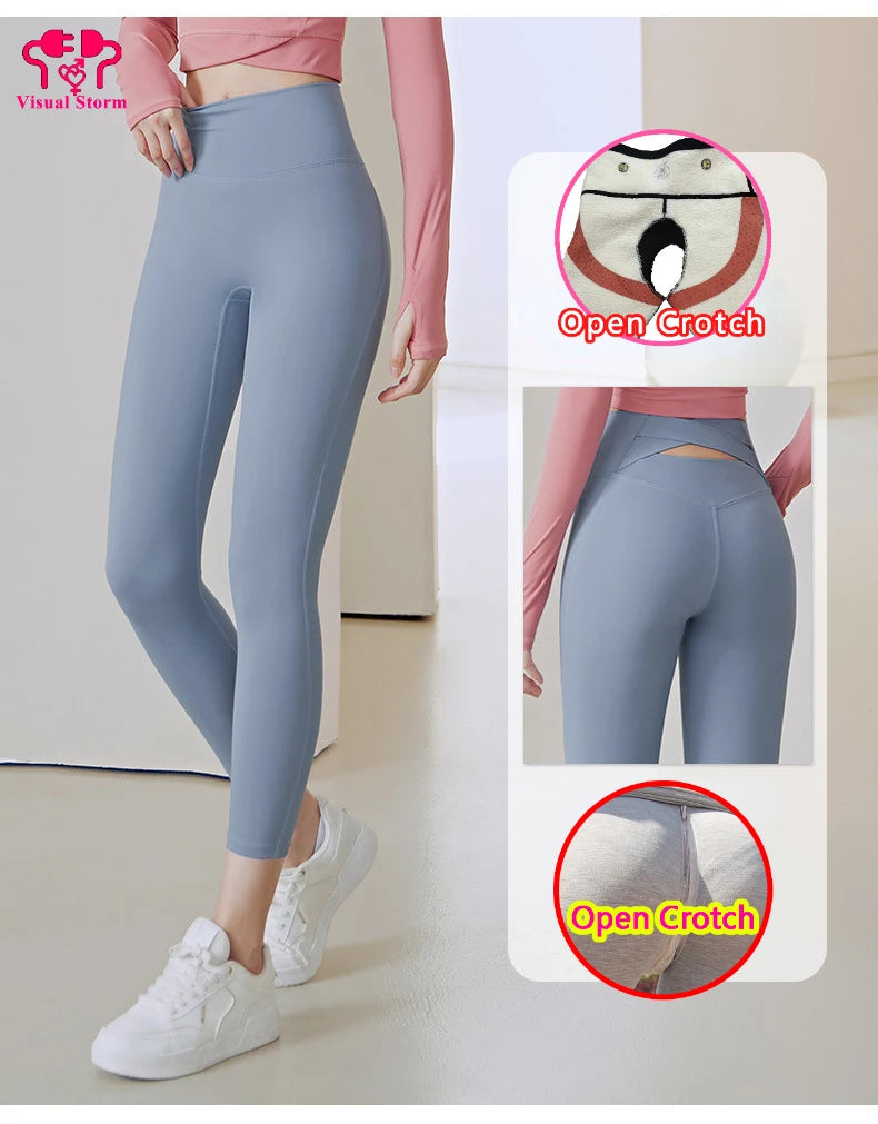 Sexy Open Crotch Push Up Leggings Women High Rise Gym Fitness Sporty Hot Pants Waist Hollow Out Fashion Cloth Erotic Clubwear.